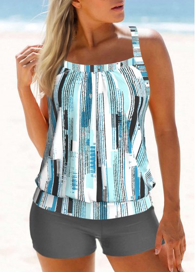 Geometric Print Criss Cross Cyan Tankini Top