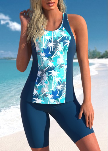 Mid Waisted Tropical Plants Print Zipper Tankini Set