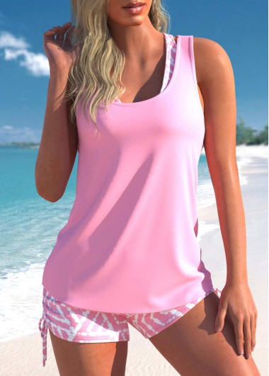 ROTITA Three-piece Pink Geometric Print Mid Waisted Tankini Set