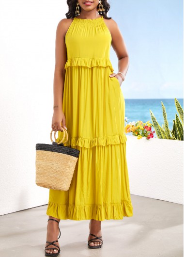 Tie Back Ruched Yellow Sleeveless Maxi Dress