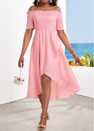 Smocked High Low Off Shoulder Pink Dress
