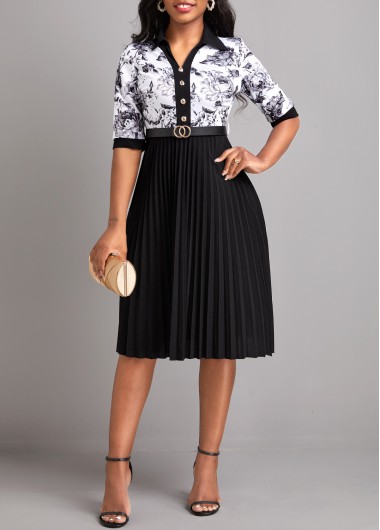 Floral Print Pleated Belted Black Shirt Collar Dress