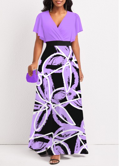 Floral Print Criss Cross Light Purple Maxi Dress