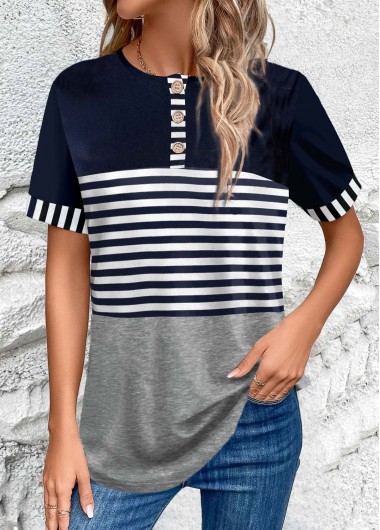 Striped Button Navy Round Neck T Shirt