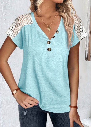 Lace Light Blue V Neck T Shirt