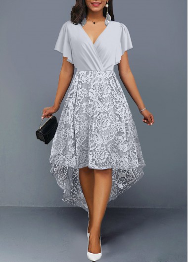 Lace Silver V Neck Ruffle Sleeve Dress