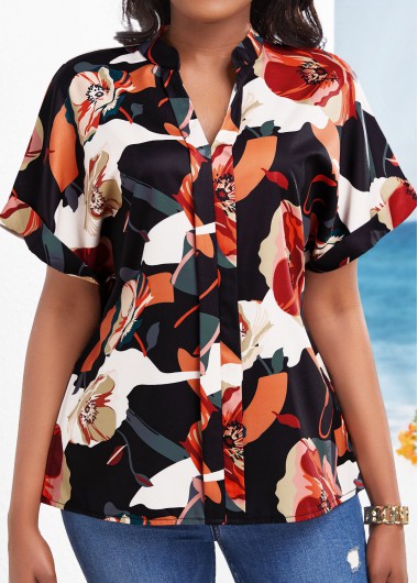 Floral Print Split Multi Color V Neck Blouse