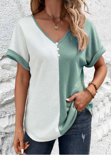 Patchwork Button Detail Sage Green T Shirt