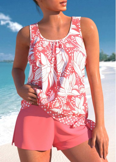 ROTITA Bowknot Coral Floral Print Mid Waisted Tankini Set