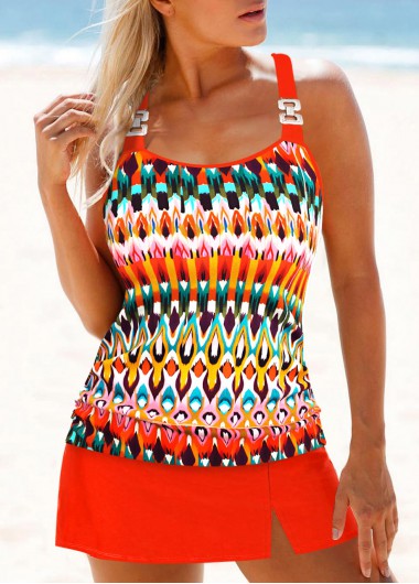 Mid Waisted Tribal Print Patchwork Orange Tankini Set