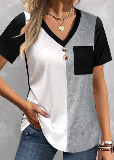 ROTITA Patchwork Black V Neck Short Sleeve T Shirt