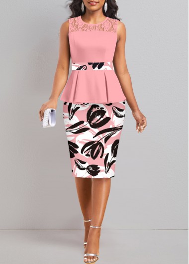 Floral Print Lace Pink Round Neck Dress