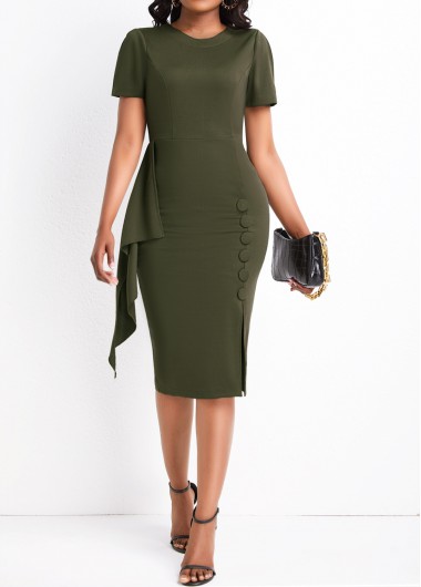 Round Neck Button Olive Green Bodycon Dress