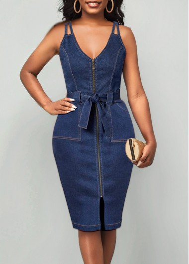 Plus Size Denim Blue Zipper Belted Bodycon Dress