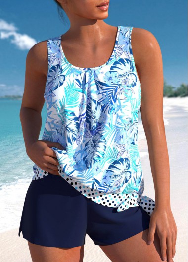 Plus Size High Waisted Blue Floral Print Tankini Set