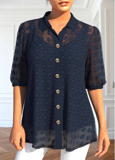 Plus Size Navy Button Half Sleeve Blouse