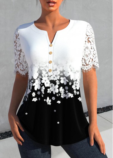 Plus Size White Lace Floral Print Blouse