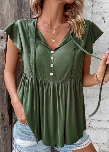 Ruched Tie Blackish Green V Neck T Shirt
