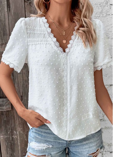 Lace Patchwork White V Neck T Shirt