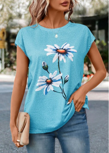 Floral Print Sky Blue Round Neck T Shirt
