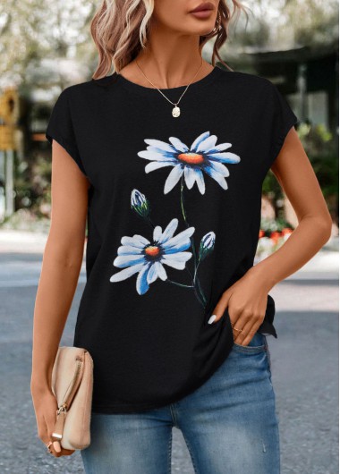 Floral Print Black Round Neck T Shirt