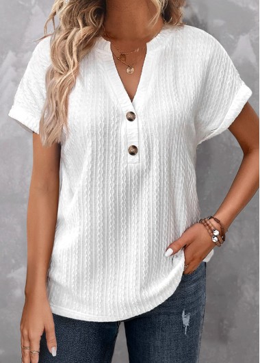Split Neck Button White Short Sleeve T Shirt