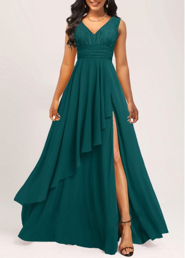 Split Ruched Blackish Green V Neck Maxi Dress