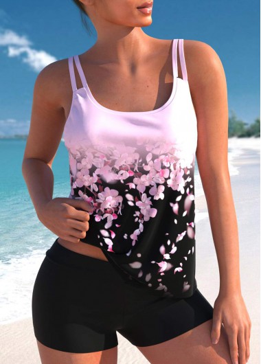 Double Straps Floral Print Pink Tankini Top