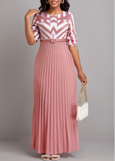 Geometric Print Button Belted Pink Maxi Dress