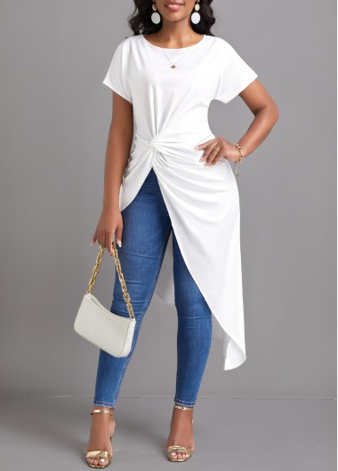 Round Neck Twist White Short Sleeve Blouse