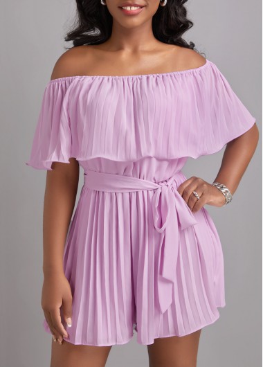 Pleated Belted Light Purple Short Off Shoulder Dress