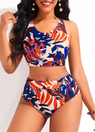 High Waisted Tropical Plants Print Bikini Set