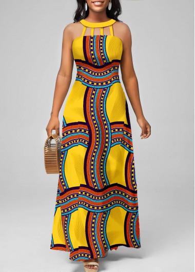 Tribal Print Cage Neck Yellow Sleeveless Maxi Dress