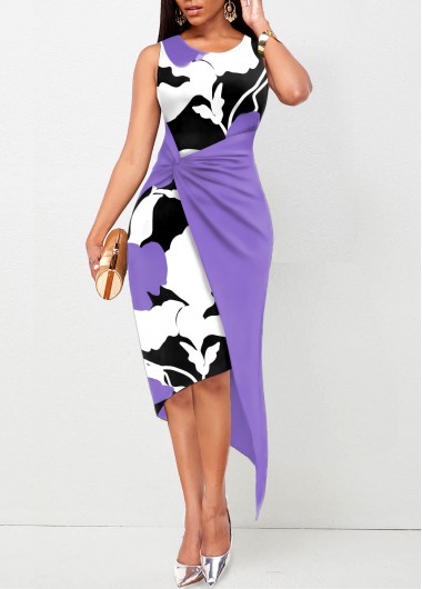 Floral Print Twist Purple Round Neck Bodycon Dress