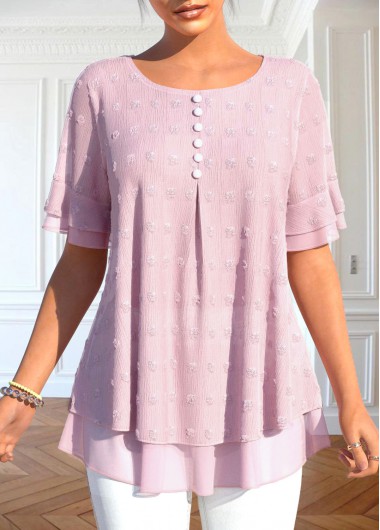 Layered Button Light Pink Round Neck T Shirt