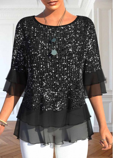 Sequin Patchwork Black Round Neck T Shirt