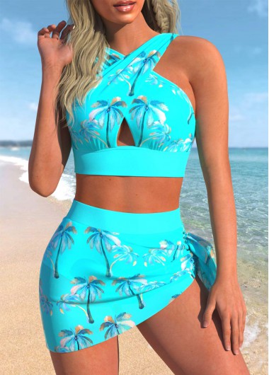 High Waisted Tropical Plants Print Bikini Set