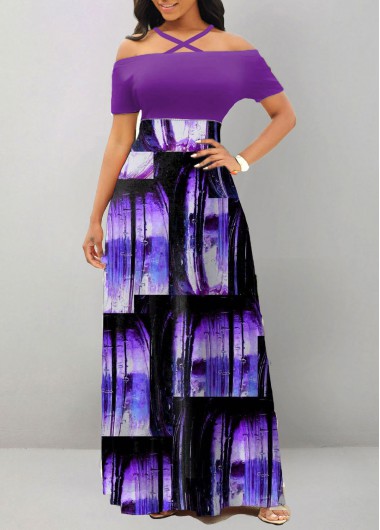 Ombre Criss Cross Purple Off Shoulder Maxi Dress
