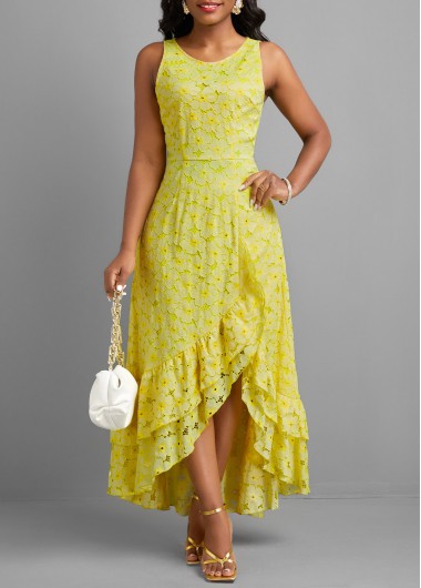 Ruffle Asymmetry Light Yellow A Line Maxi Dress