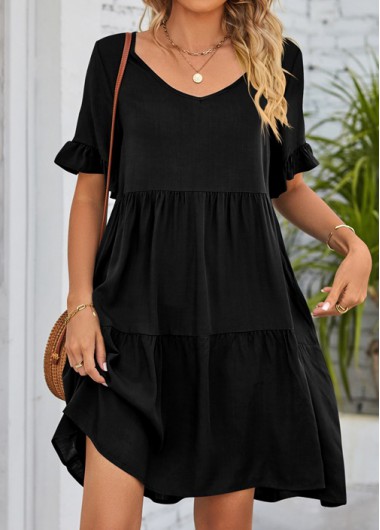 Ruched Black Short V Neck A Line Dress