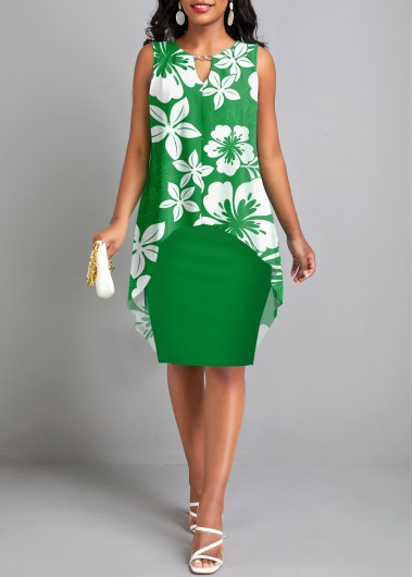 Floral Print Fake 2in1 Green Dress