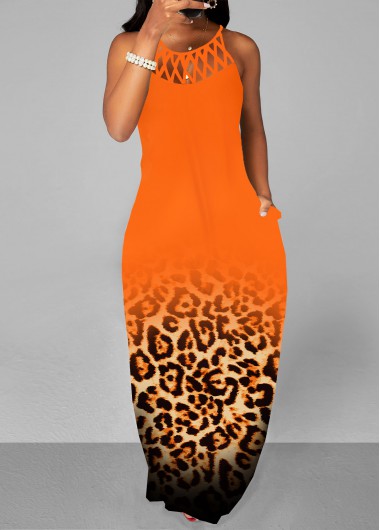 Leopard Cage Neck Orange A Line Maxi Dress