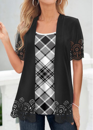 Plaid Fake 2in1 Black Square Neck Blouse