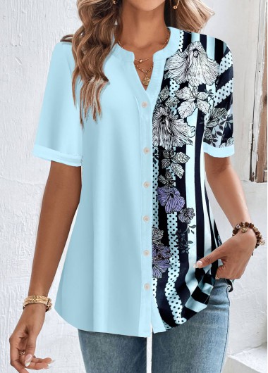 Striped Button Light Blue Split Neck Blouse