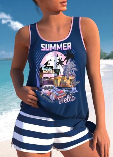 Mid Waisted Tropical Plants Print Tie Tankini Set