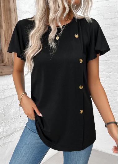 ROTITA Button Black Round Neck Short Sleeve T Shirt