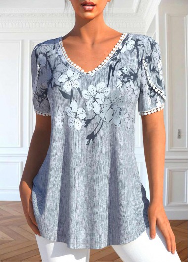 Floral Print Patchwork Grey V Neck T Shirt