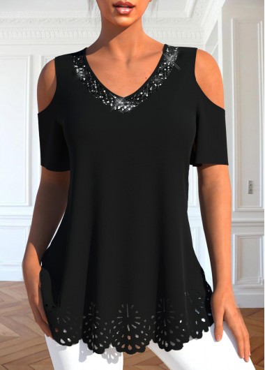 ROTITA Burn Out Printing Black V Neck T Shirt