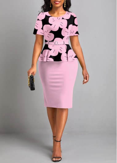 Floral Print Fake 2in1 Belted Light Pink Dress