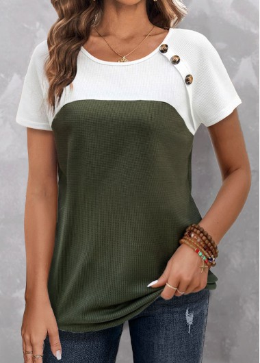 Round Neck Button Olive Green T Shirt